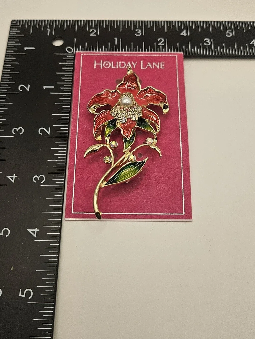 Holiday Lane Red Enamel Flower Brooch Pin Faux Pearl Rhinestone Christmas Jewelr